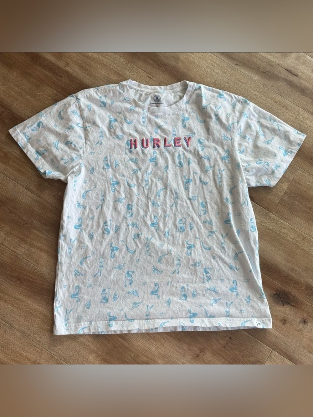 Hurley White Tee with Light Blue All-Over Print and Pink Logo